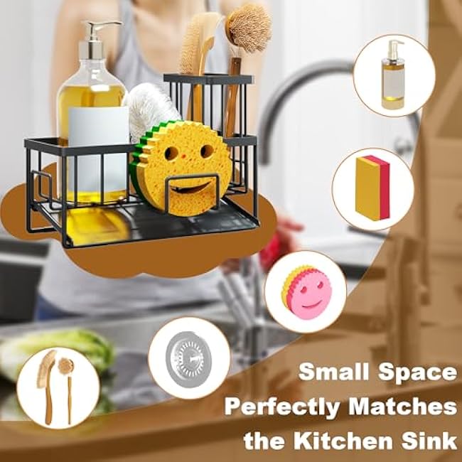 Sink Caddy Organzier, Sponge Holder for Kitchen Sink with Brush Holder and Self Drain Tray, Dish Soap Dispenser Caddy for Home Kitchen Organizers and Storage Decor Essentials Accessories