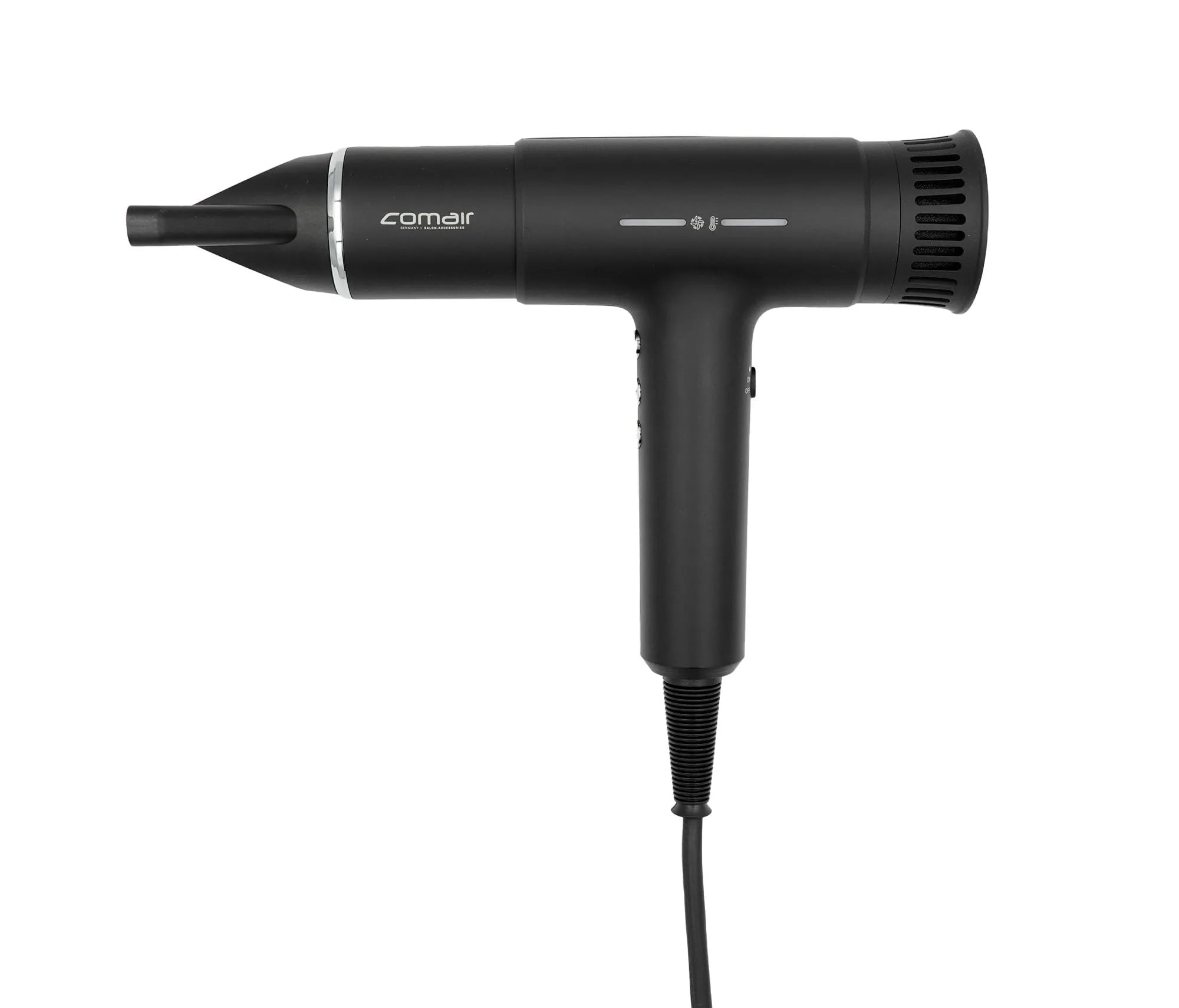 Comair T Power Haartrockner Profi Föhn, Diffusor + 2 Stylingdüsen + Tasche | 2200 W Föhn, Brushless-Motor 70.000 U/min, 3 Temperatur- und 3 Gebläsestufen, Kaltlufttaste, Ionen-Technologie. Sperrschalter