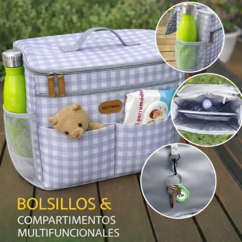 Miniatura 8 de Noymak Bolsa Carrito Bebé Grande 22l, Gran Capacidad,Impermeable,Bolso Carro Bebe Con Cambiador, Interior Térmico,Ganchos Universales Y Accesorios,Organizador Con Múltiples Bolsillos.