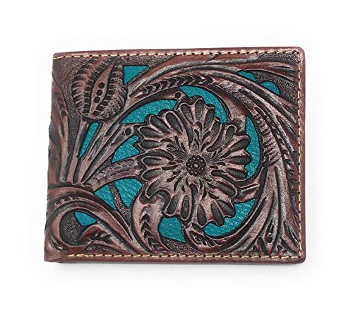 Western Genuine Leather Laser Cut Floral Men's Bifold Short Wallet in 6 Colors (Coffee/Turquoise)