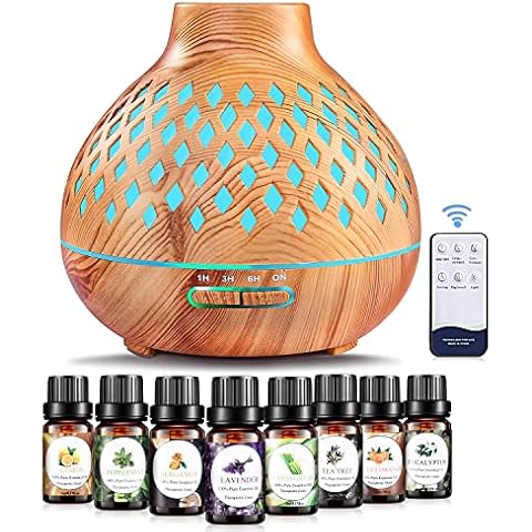Aeshory Essential Oil Diffuser with 8Pcs*10ml Oils Set, 400ml Ultrasonic Cool Mist Aroma Diffuser, Remote Control, 7 Color Changing Lights, 4 Timer, Adjustable Mist, Waterless Auto Off, BPA-Free Cover