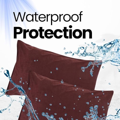 Image of Waterproof Terry Cotton Pillow Protector Cover with Zippered Closure | 18X28 Inch Standard Size Pillow Cover, Set of 4 | Dustproof Bedding Pillowcase for Protection (Coffee)