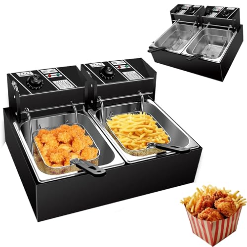 Freidora eléctrica de 10 l con dos cestas y tapas, 2500 W, control de temperatura y temporizador, de acero inoxidable, con tanque simple o doble, ideal for restaurantes y hogares.(B)