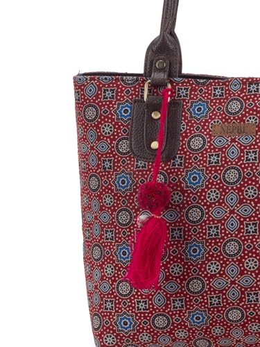 Image of NEPRI Office Pouch Tote Bag | Stylish Set of 2 Tote Bags for Women| Vegan Leather & Handblock Printed Fabric Handbag with Double Handle Shoulder Strap| Daily & Travel Use
