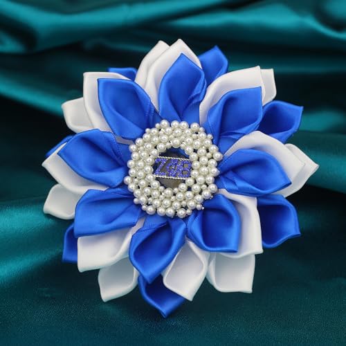 Image of Keeblon ZPB Sorority Gift for Women Pearl ZPB Brooch Pin 1920 Finer Women Jewelry Greek Sisterhood Gift (Satin 5.5 inch Flower Sorority Pin)