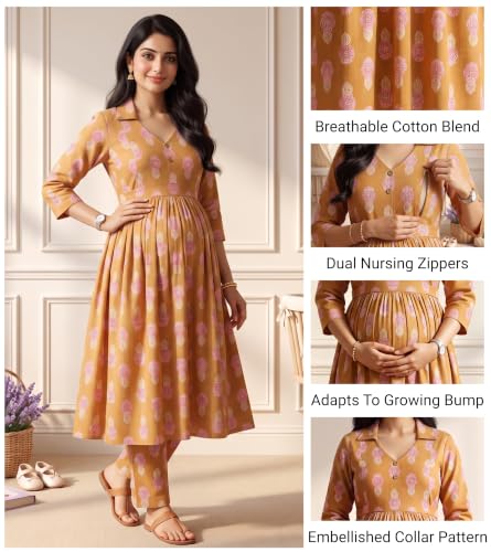 Image of DUMMY SHAPE Maternity Dresses for Women Cotton | Floral Kurta Pant Dupatta Set with Nursing Zippers, Side Pocket | Pre & Post Pregnancy | Feeding Kurti Suit | Baby Shower | Gifts for Pregnant Woman