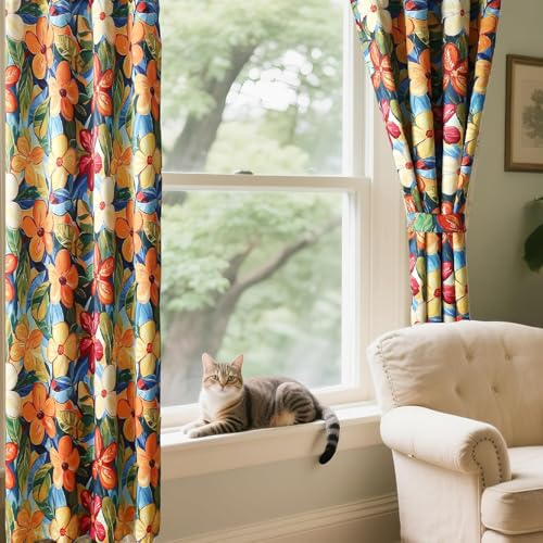 Image of BFAM Floral Print 100% Blackout Curtain with Black Linning at Back,Orange Floral Print Curtains for Living Room /Bedroom Thermal Insulated Energey Saving 10 Feet Pack of 1 Curtain