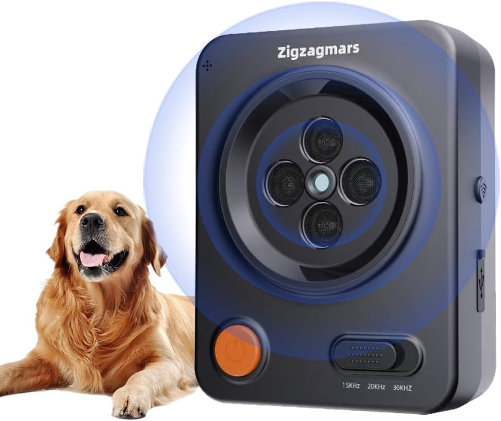 Zigzagmars Ultrasonic Dog Bark Deterrent Devices, Anti Barking Device with 3 Frequency Levels, Waterproof Outdoor Dog Barking Silencer Up to 33FT, Safe & Effective for Small Medium Large Dogs