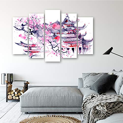 Feeby Canvas Schilderij 5-delig 100x70 Foto op Canvasdoek Abstracte Muurdecoratie Wanddecoratie Kunstprint XXL Type A Japanse Kersenboom Tempel Kersenbloesem Paars Roze - Afbeelding 6