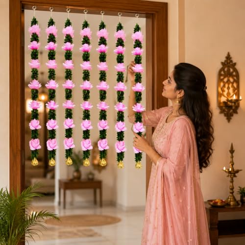 Image of Rajasthan Kraft Artificial Pack of 4, Flower Wall Hanging for Home Decoration | 33 * 4 Inch Pink Floral Hanging with Green Leaves, Decorative Wall Hanging for Diwali, Wedding, Mandir & Living Room