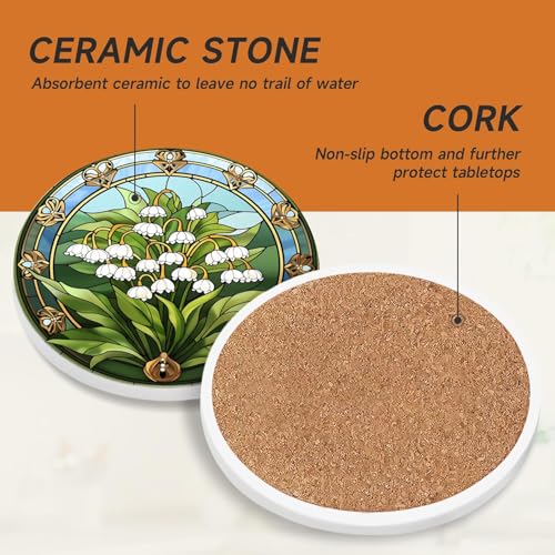 Image of Coasters Set of 6 with Holder-4in Absorbent Wood Coaster-Plant Flowers Style for Tabletop Protection Drink Coasters-Coffee Bar Accessories,Home Decor-Housewarming