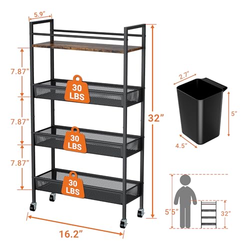 Dunatou-Slim-Kitchen-Storage-Cart-4-Tier-59-in-Wide-Kitchen-Slim-Rolling-Cart-Narrow-Metal-Kitchen-Cart-with-Handle-and-Wood-Top-Metal-Organization-and-Storage-Shelf-for-Kitchen-Bathroom-Black Dunatou Slim Kitchen Storage Cart 4 Tier 59 in Wide Kitchen Slim Rolling Cart Narrow Metal Kitchen Cart with Handle and Wood Top Metal Organization and Storage Shelf for Kitchen Bathroom Black