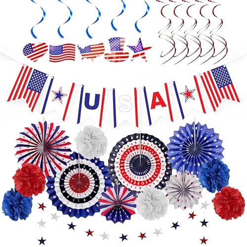 Image of 4E's Novelty 24 Pcs Patriotic Hanging Decorations, 6 Pcs Hanging Patriotic Banner Paper Fans Red White Blue Decor with Star Streamer, American Independence Day Sign with USA Flag Indoor Outdoor Decor