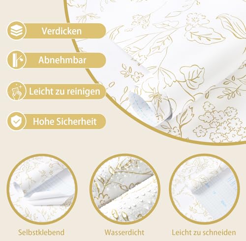 Timeet Selbstklebende Tapete Weiß und Gold Blumen Klebefolie Botanischer Möbelfolie Selbstklebend Textur Möbelaufkleber Wasserfest Vinyl… – Ansicht 4