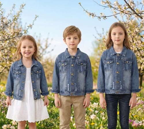 Image of Girls Boys Jean Jacket for (4-14 Years Kids) Trendy Cozy Soft Ripped Denim Coat Casual Outerwear School Travel Teen Gift