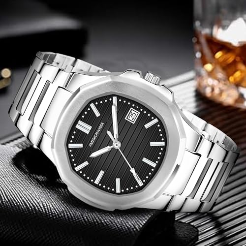 Image of AMERICANVIBER Glossy Stainless Steel Analogue Watch for Men | Black Dial, Date Function & Adjustable Lock | Premium Watches Under 499