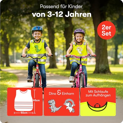 PURAHELP® Warnweste Kinder (3-12 Jahre) Sicherheitsweste [2 Stück - Dino & Einhorn] für den Schulweg, Fahrrad, Kindergarten - Reflektierende Warnweste Gelb