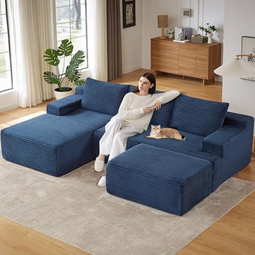 Image of 96.1 inch Modular Sectional Sofa with Ottoman, Modern Corduroy Cloud Couch, Boneless Couch Upholstered 3-Seater U-Shaped Sofa for Living Room, No Assembly (Blue, Right-Facing Chaise)