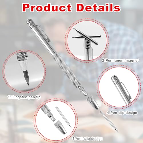 Veftsvy Anreißwerkzeug Set, 3 Stück Wolframcarbid Stift Wolframstahl Anreißnadeln Metall Reißnadel, 10 Ersatzspitzen und 15cm Stahllineal und Magnetischem Schwanz, für das Markieren auf Metall, Glas