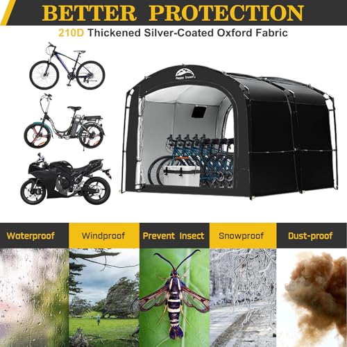 Image of Happy Travel Bike Storage Tent, Outdoor 8x7x6.3ft Large 2-in-1 Portable Shed More 30% Top Space W /Double Doors with Mesh, Outside Lawn Mower Shelter and Bicycle Cover for Patio Furniture, Garden Tools