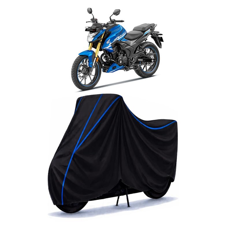 Image of Hornet Bike Cover Water Resistant Universal Motorcycle Rain | Heavy Duty UV Protection, Dust, Scratch Indoor Outdoor All Weather with Black Blue Piping Elastic
