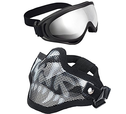 XCYT Tactical Airsoft Mask Adjustable Half Face Mask Steel Mesh Mask and Goggles
