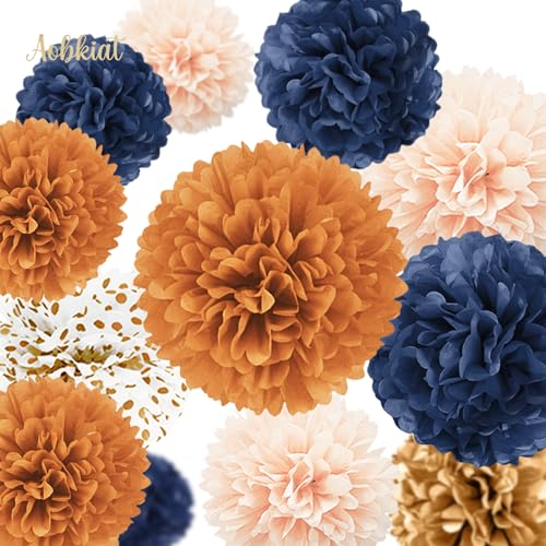 Image of AOBKIAT Burnt Orange Fall Party Decorations for Thanksgiving & Halloween | Baby Shower,Bridal Shower,Celebration,15PCS with Orange Navy Blue Gold Peach Tissue Paper Pom Poms,Party Garland String