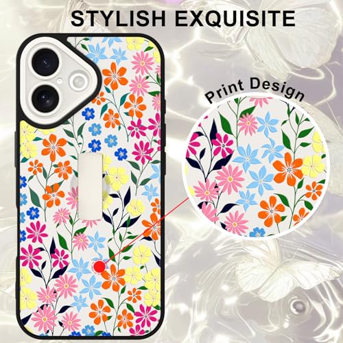 Image of for iPhone 16 Case with Finger Strap Holder, Cute Colorful Floral Flower Print Pattern Design for Women Girls, Shockproof Anti Scratch Hand Kickstand Protective Cover, White