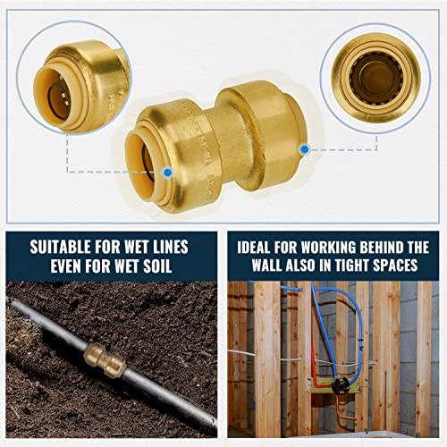Image of SUNGATOR 25-Pack Push Fitting 3 /4 inch, 10 Each Coupling and Elbow, Tee (5 PCS) | Brass, Push-to-Connect, for Pex Pipe, Copper, CPVC, PE-RT, with 1 Disconnect Clip