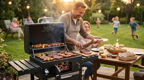 Berdsen Grill Węglowy Ogrodowy BBQChef z Kominem i Żeliwnym Rusztem 41,5 x 57 cm - Regulowane Palenisko, Termometr, Składane Półki, Szafka - Przenośny na Kołach - Antracytowy