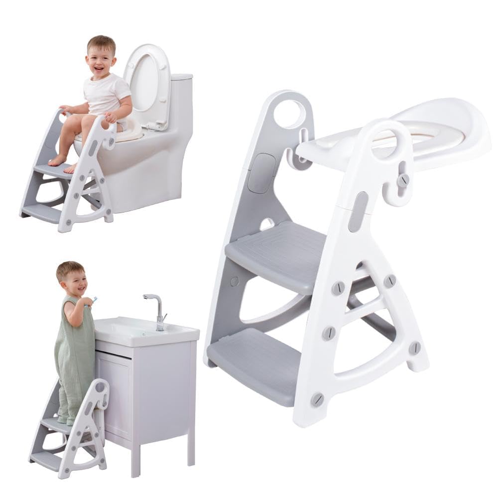 Potty Training Seat & Toddler Step Stool, Ultimate Stability Toddler Toilet Seat, Adjustable Step & Seat Height Potty Seats for Toddlers Boys Girls(Grey), RHP-246