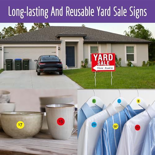 Yard Sale Sign, 3PCS Double Sided Yard Sale Signs with 6 Metal Stakes & 960 Sale Price Labels, Large Font, Fluorescent Neon Color, All-Weather Plastic Sign with Arrow for Garage Sale, Outdoor Estate - Thumbnail 6