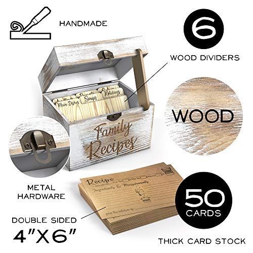 Wooden Recipe Box With Cards And Dividers - Includes 6 Wood Dividers - 50 Double Sided 4X6 Recipe Cards - Premium Handcrafted Quality - Great Gift Idea - Wedding, Birthday, Anniversary, Mother's Day #TOP1