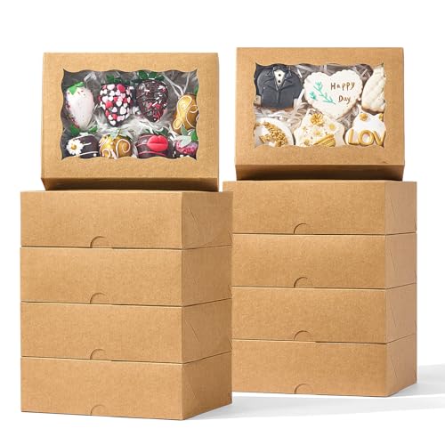 NEKSUNBAK 8PCS Brown Bakery Boxes with Window 8x6x2.5 Inch Gift-Ready Pastry Box for Chocolate Strawberries Macarons Truffles Ores Cookies Donuts Perfect for Different Holiday Celebrate