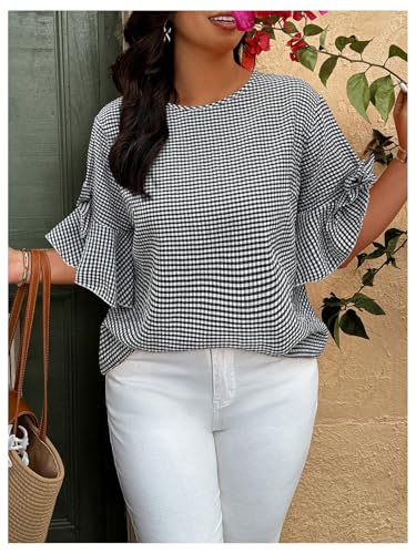 SOLY HUX Women's Plus Size Plaid Blouse Gingham Bow Ruffle Half Sleeve Summer Casual Going Out Tops4