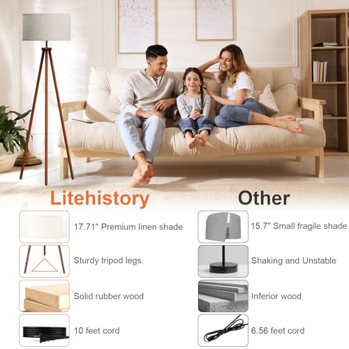 LiteHistory Wood Tripod Floor Lamps for Living Room, Bedroom, and Office,Standing lamp with Beige Linen Shade, 12W Three-Color Bulb Included, Pull Chain Switch, Tall lamp for Mothers Day Gifts, Brown by LiteHistory - Used condition - Image 5
