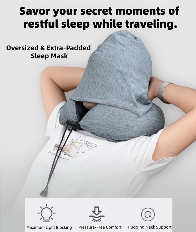 Image of Travel Neck Pillow with Extra Large Hood Rollable Airplant Hooded Neck Pillow with Memory Foam Filling and Removable, Skin-Friendly Cover with a Carrying Pouch