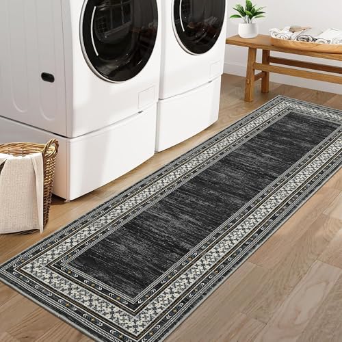 GlowSol Modern Runner Rug 2x6 Washable Bordered Hallway Runner Washable Rug Kitchen Runner Black Laundry Room Rug Runner Non Slip Non-Shedding Low Pile Soft Carpet Runner for Bathroom Bedroom Entry
