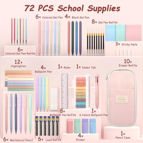 QFOUR 72 PCS Pencil Case with Supplies, Aesthetic School Supplies, 12 Highlighters, Colored & Black Ink Gel Pens, 6 Mechanical Pencils Set, Essentials Stationary Set, Pink - Thumbnail 2