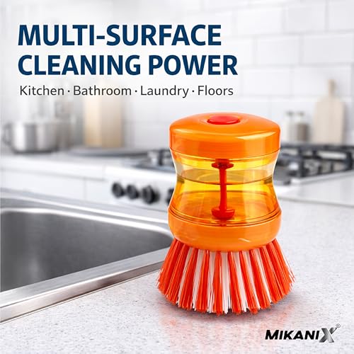 Image of MIKANIX Soap Dispensing Cleaning Brush, Dish Scrubber with Liquid Dispenser for Kitchen Sink, Cookware, Stove, Bathroom & Tiles, Multipurpose Scrub Brush (Pack of 1)