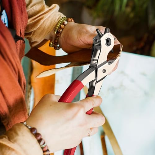 Image of Punch Hole Pliers: Metal Hand Tool with Revolving Heavy-Duty Puncher for Leather Craft, Belts, Watch Bands, Bags, Dog Collars and Fabric