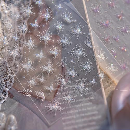 Image of White Flower Nail Art Stickers Butterfly Nail Stickers Decals with Jelly Design 5D Embossed Self Adhesive Floral Nails Charms for Women Girls Manicure Decoration Accessories Supply 1 Sheets
