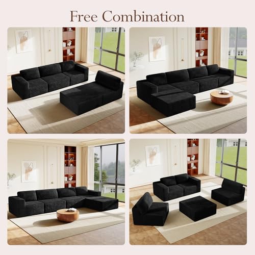 Image of Vesgantti 159 inch Large Modular Sectional Sofa, L-Shaped Corduroy Cloud Couch with Deep Seats & Spring Support, 4-Seater Boneless Sofa with Movable Ottoman, No Assembly Needed, Black