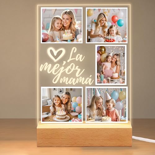 ABirdon Regalo Personalizado para Mamá, Marco de Fotos con Luz Nocturna de Nogal, Regalo de Cumpleaños y Navidad, Día de la Madre