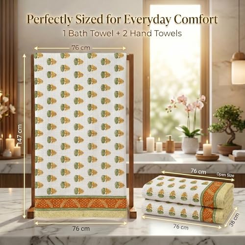 Image of Mafatlal Madhuban Premium Waffle Cotton Set (1 Bath 147x76 cm + 2 Hand 76x38 cm) | 250 GSM | Hand Printed Floral Craft | Rust