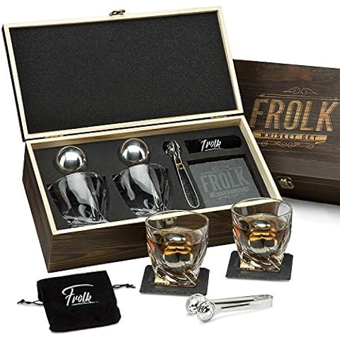 Whiskey Stones Gift Set for Men - 2 King-Sized Chilling Stainless-Steel Whiskey Balls - 2 XL Whiskey Glasses, Slate Stone Coasters, Freezer Pouch & Tongs - Luxury Set in Unique Pine Wood Box Cover
