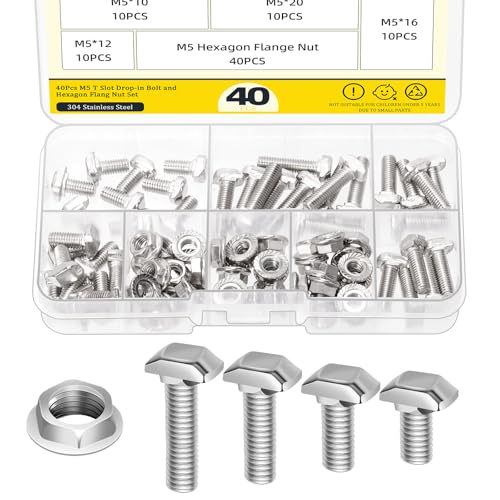 Image of 40 Sets M5 T Slot Drop-in Bolt, M5 x 10 /12 / 16 / 20mm Hammer Head T-Slot Drop-in Stud Sliding Bolt Screw with Flange Nut for European Standard 20 Series Aluminum Profile