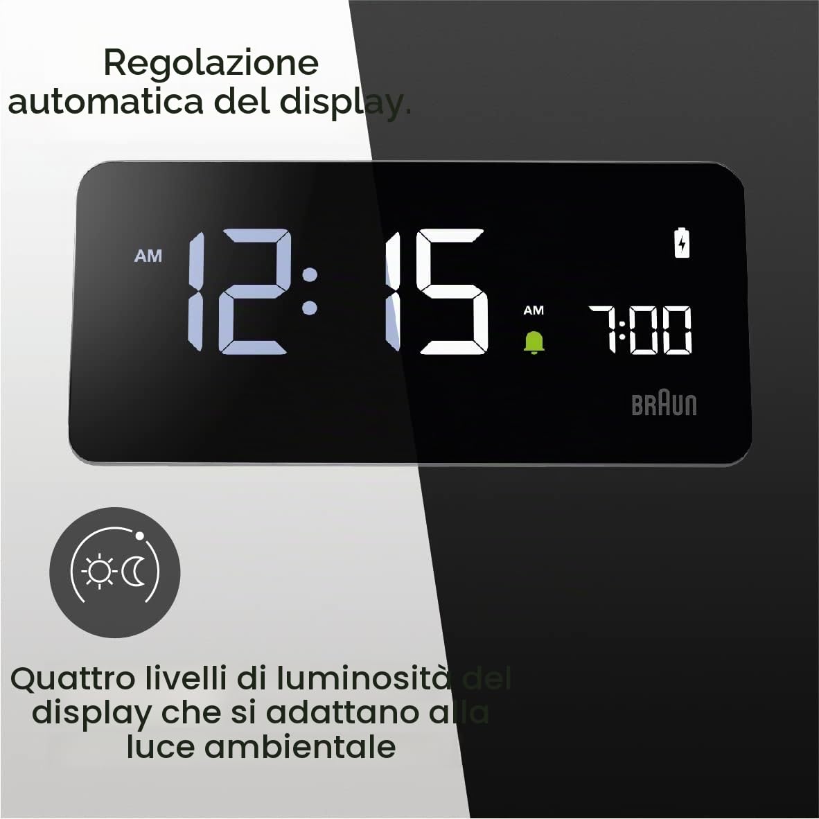 Braun Sveglia digitale display LCD VA, Base per ricarica rapida Qi Wireless 10W, Regolazione automatica della retroilluminazione, Sveglia con segnale acustico, grigio, modello BC21GEU.