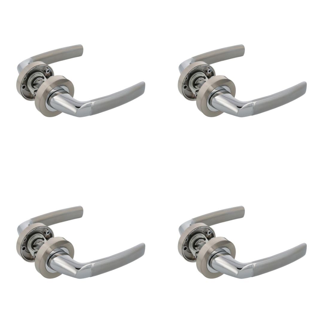 Amig - Pack de 4 Juegos de Manillas de Roseta de Zamak para Puertas - Mod. HISA - Ø52 mm - Cuadradillo de 8 mm - Diseño Elegante y Sencillo - Aluminio Níquel Cepillado