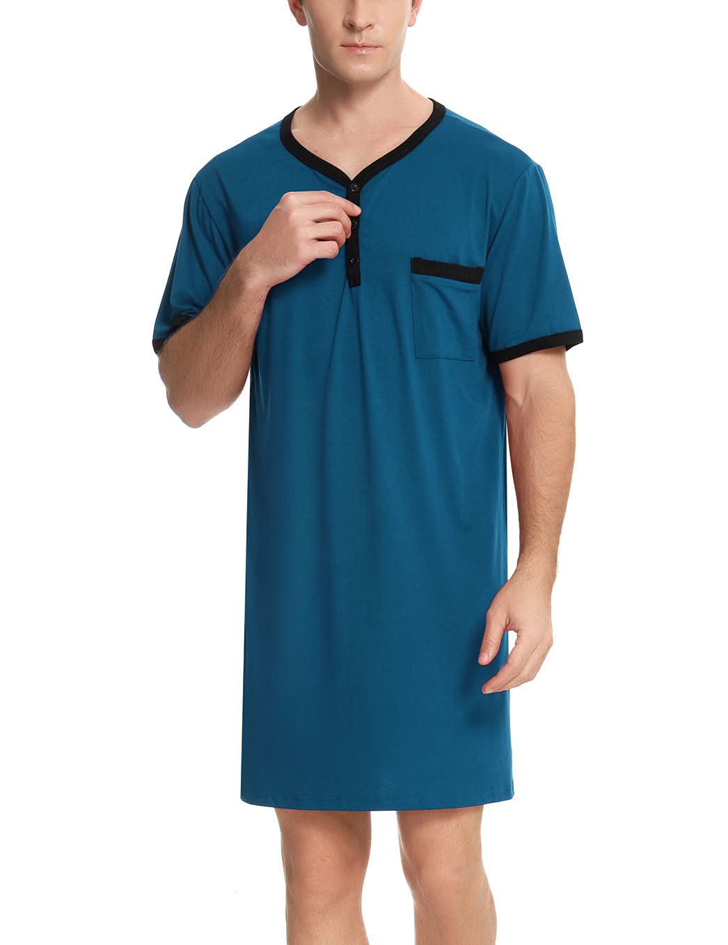 Enjoyoself Herren Baumwolle Pyjama Tops Weich Atmungsaktiv Nachthemd Knielang Nachtshirts Kurzarm Nachtwäsche Lounge Wear